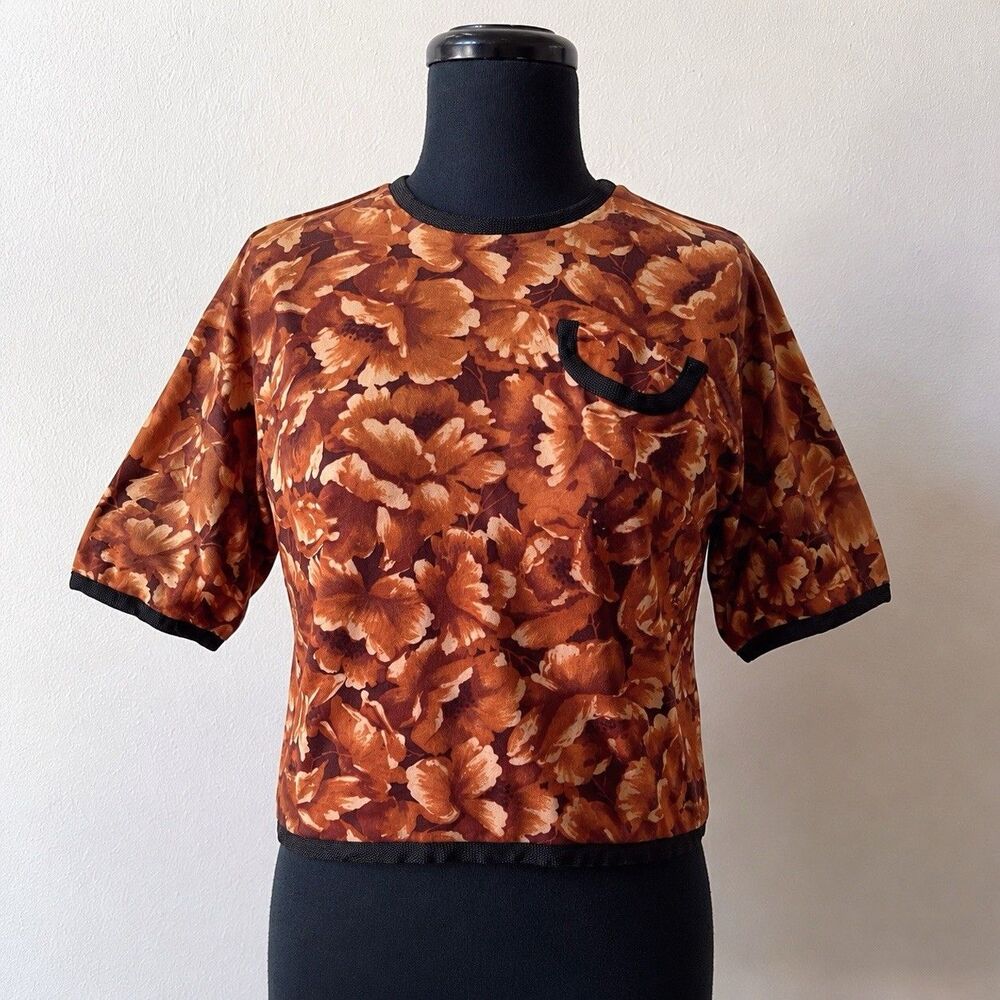 Vintage 1960s Genevieve Brown Floral Crop Blouse Button Back Secretary Top Mod